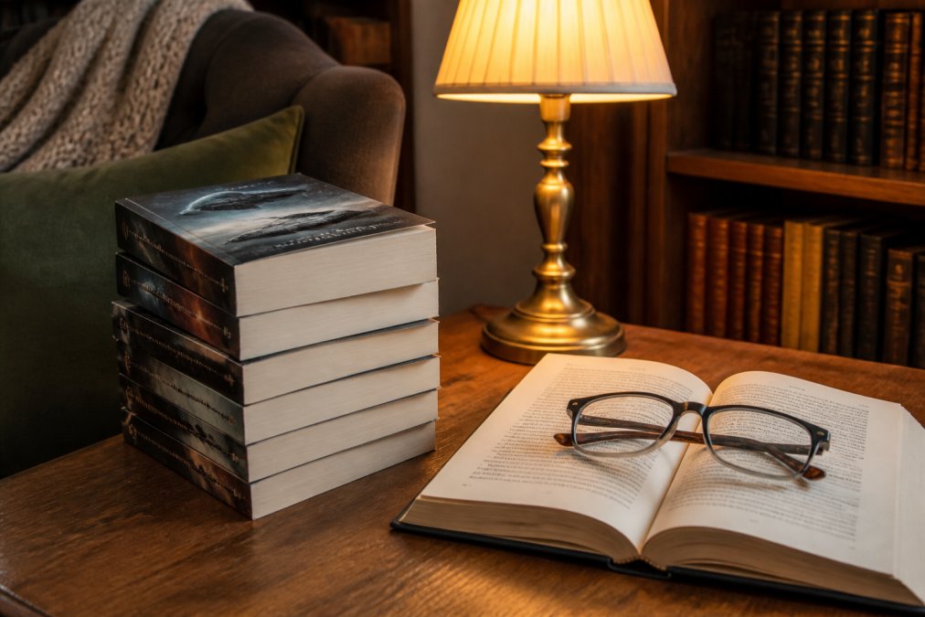 Cozy reading nook with a stack of military science fiction paperbacks, a warm lamp, and reading glasses on an open book.