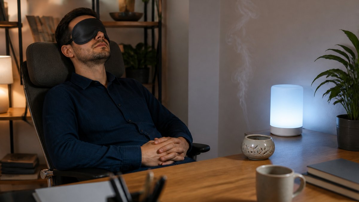 Professional at a desk using an eye mask and incense burner for a break