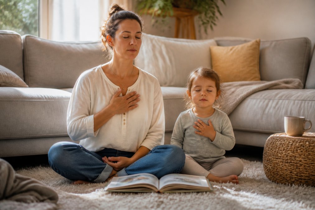 A parent sitting cross-legged on a soft rug with a toddler, both closing their eyes and taking a deep breath, the book open on their laps in a cozy, sunlit living room