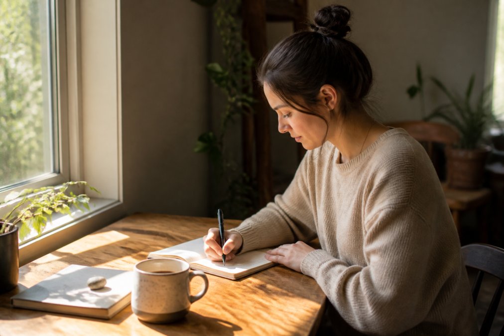 Person writing in a mindfulness journal at a wooden desk with morning coffee, natural sunlight streaming through a window, peaceful home environment with plants