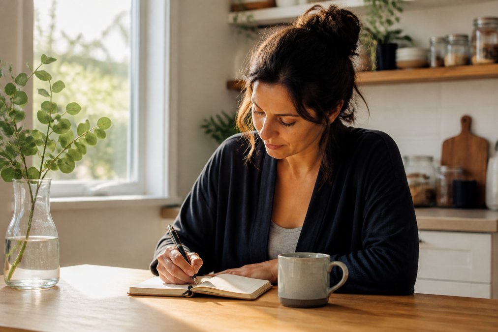 Infographic showing 5-minute writing exercises for daily mindfulness journals at a bright kitchen table