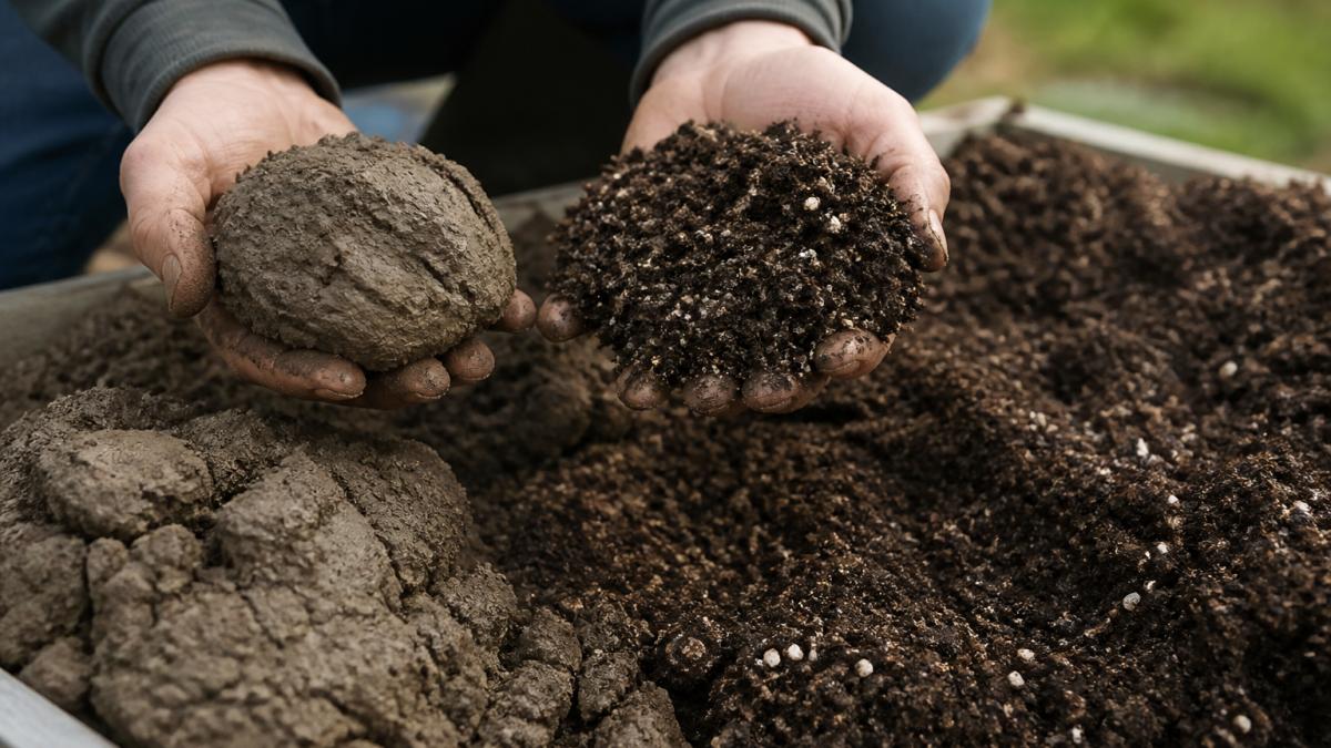 Close-up of hands holding compacted clay soil next to loose, amended soil showing visible texture difference and granular structure