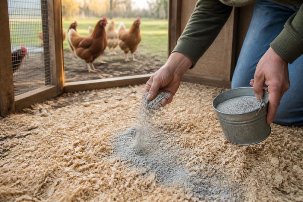 A close-up of a person's hands spreading light gray, granular zeolite powder over fresh wood shavings inside a clean backyard chicken coop, with a few hens visible outside in the background during soft morning light