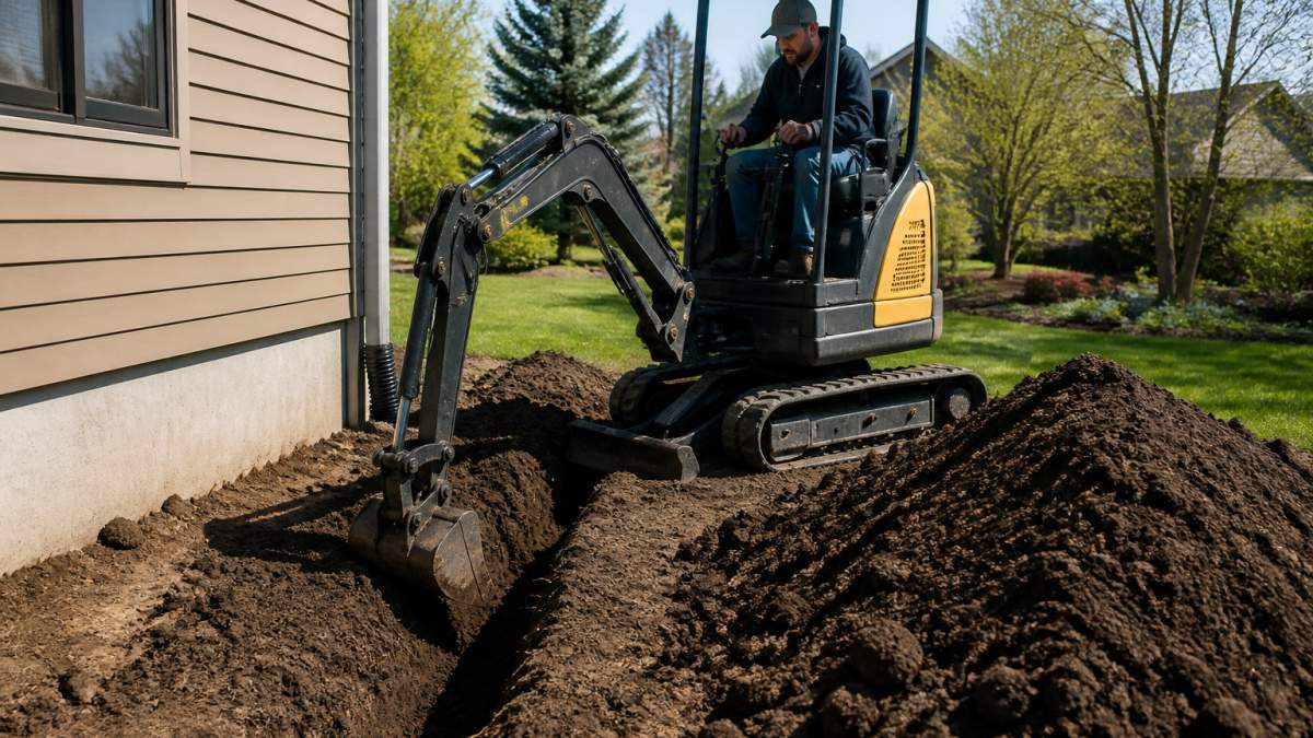 Compact mini excavator digging a trench for the best mini excavator for landscaping project in a backyard.
