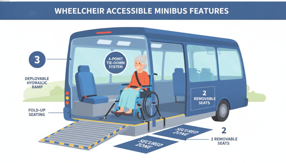 Feature overview showing Interior view of a wheelchair-accessible minibus with ramp deployed, showing a mobility-impaired ...