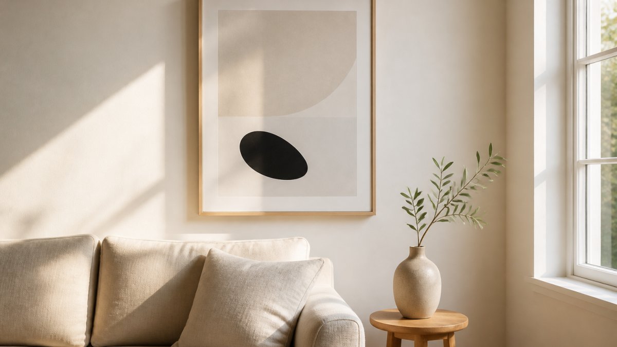 A bright, uncluttered living room corner with a neutral linen sofa, a single large framed minimalist print centred on a pale wall, a small ceramic vase on a wooden side table, and soft afternoon light from a side window
