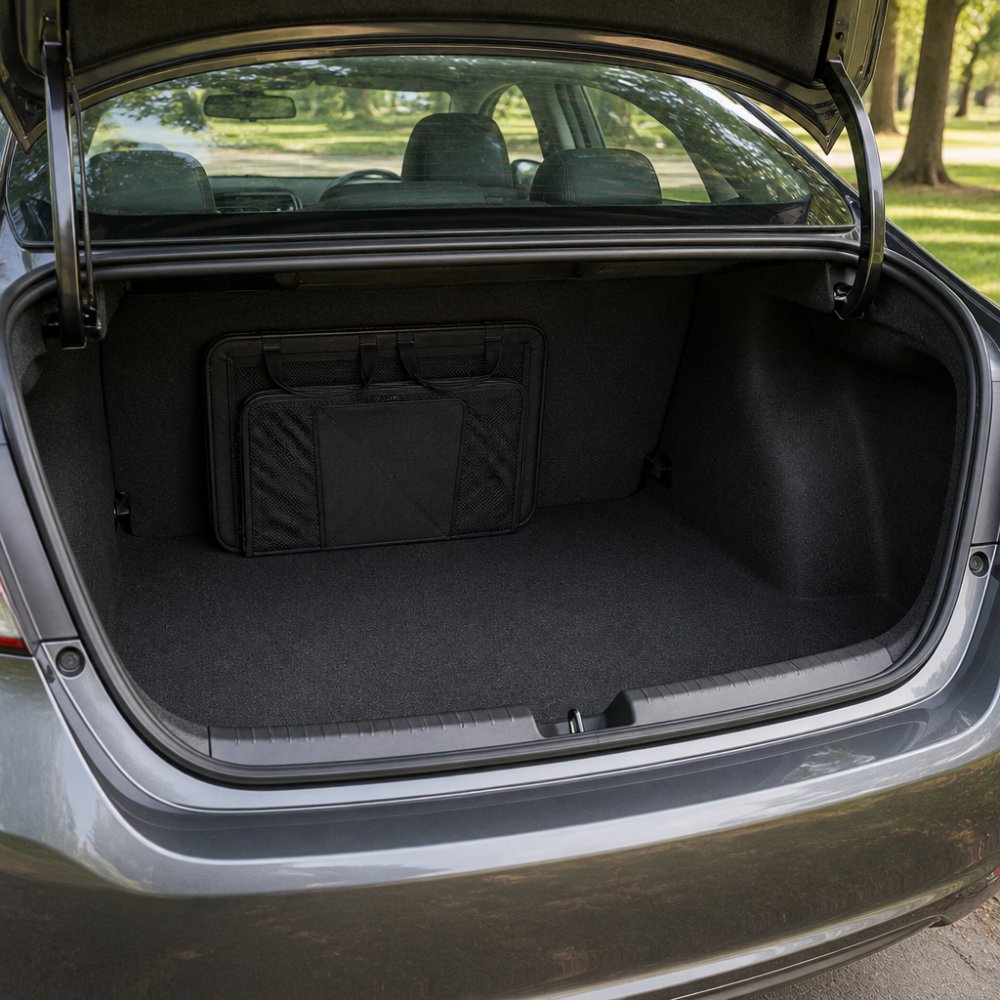 A collapsible bin folded flat against a sedan seat for minimalist car organization