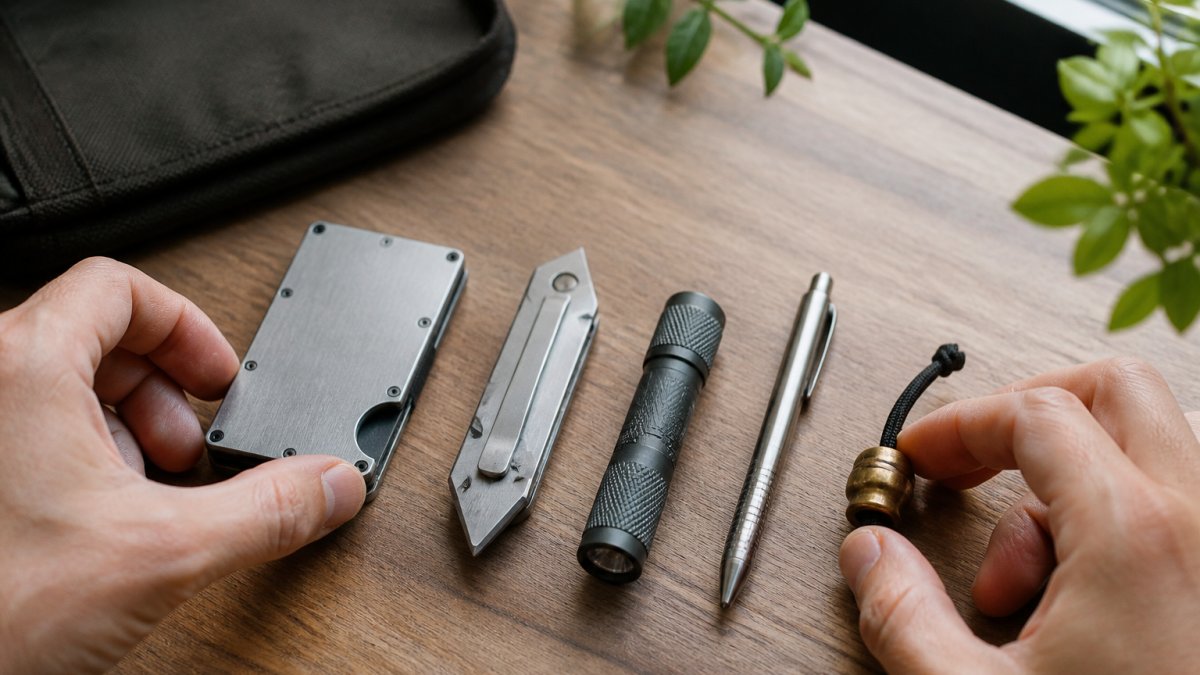 Flat lay of minimalist EDC kit arranged on wooden surface: slim metal wallet, compact utility knife, small flashlight, quality pen, and brass lanyard bead arranged neatly with natural window lighting
