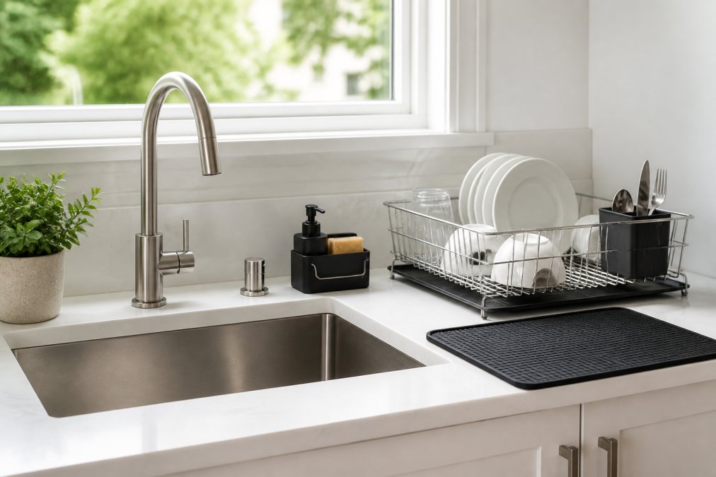 A clean, modern kitchen sink area with a stainless steel dish rack, a compact sponge holder, and a black silicone splash mat arranged neatly on a white marble countertop, soft natural light coming from a window directly above