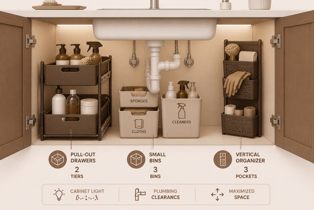 An open cabinet beneath a kitchen sink showing neatly arranged pull-out drawers, small labeled bins, and vertical organizers positioned around visible supply lines and a drain trap, bright interior cabinet lighting