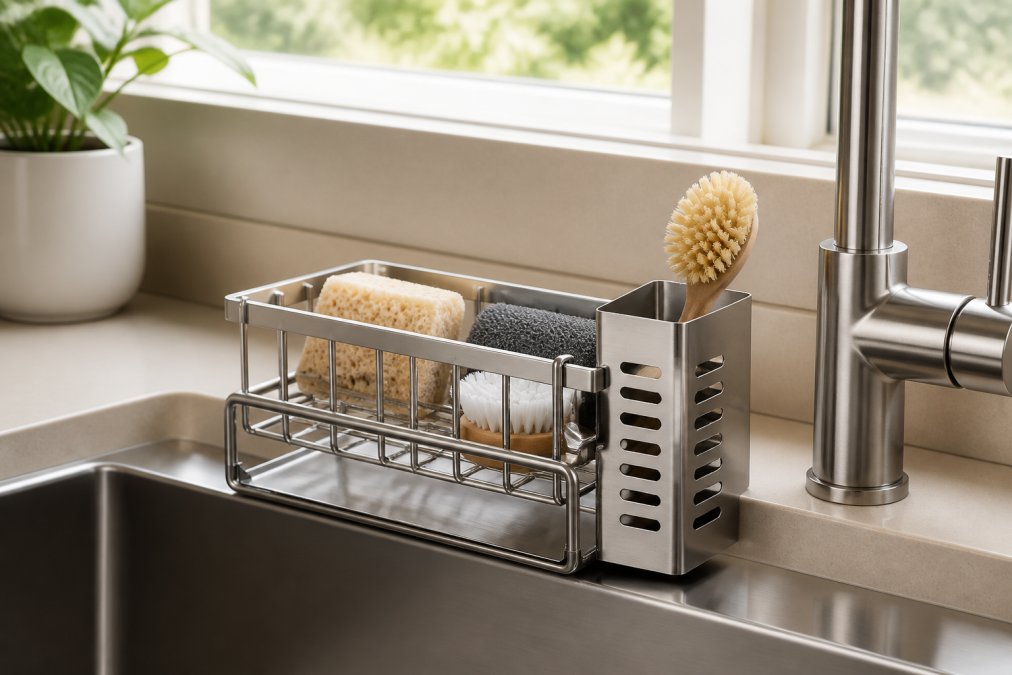 Minimalist kitchen sink area with organized white and stainless steel storage system installed over the sink, sponges and brushes neatly arranged in separate compartments, dry countertop with no clutter visible, natural morning light from window