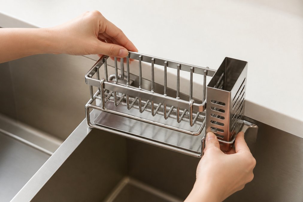 Hands placing a minimalist stainless steel organizer frame over a standard kitchen sink divider, no tools visible in the frame, clean countertop in background, demonstrating simple placement installation
