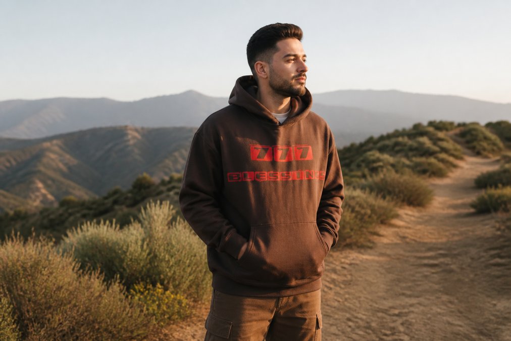 Man wearing oversized vintage-washed angel number tee layered with a premium fleece hoodie, standing outdoors in natural morning light with soft shadows, embodying relaxed spiritual style and intentional fashion