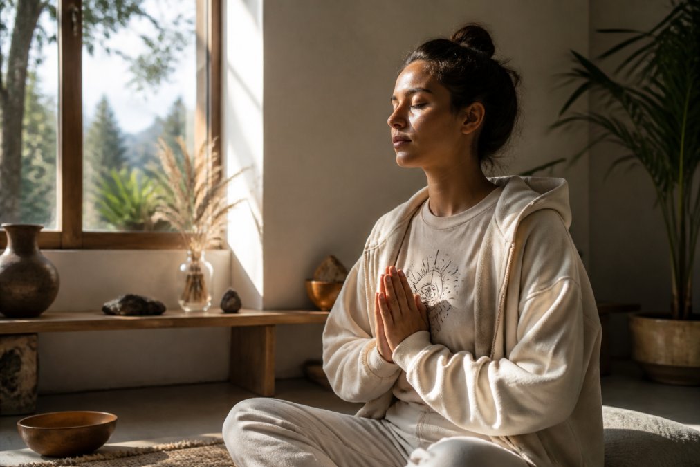 Person in a peaceful morning meditation space wearing a minimalist angel number tee and oversized hoodie, natural sunlight streaming through windows, hands in prayer position