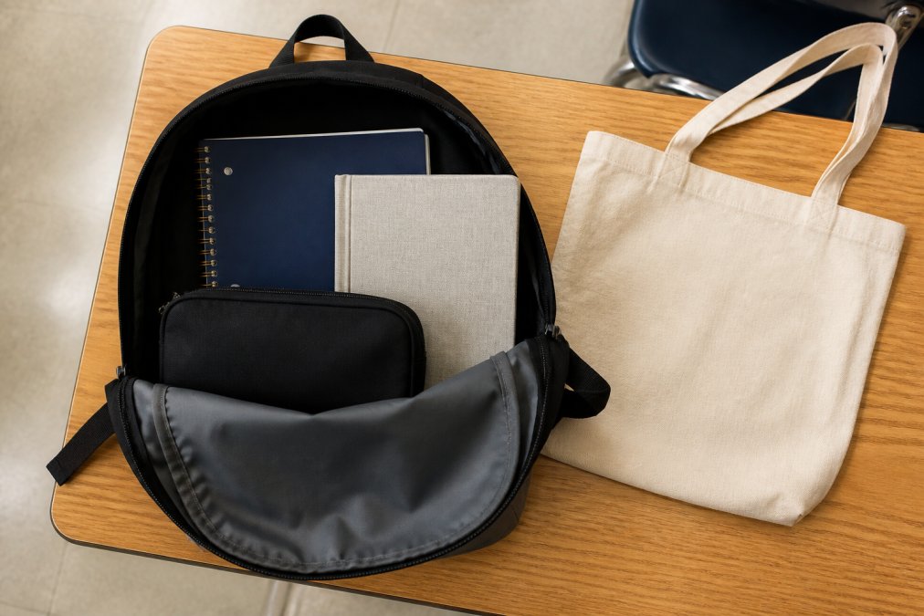 Overhead shot of a high schooler's open backpack on a desk, showing a small pencil case, one notebook, a journal, and a canvas tote bag with a funny graphic design, natural daylight