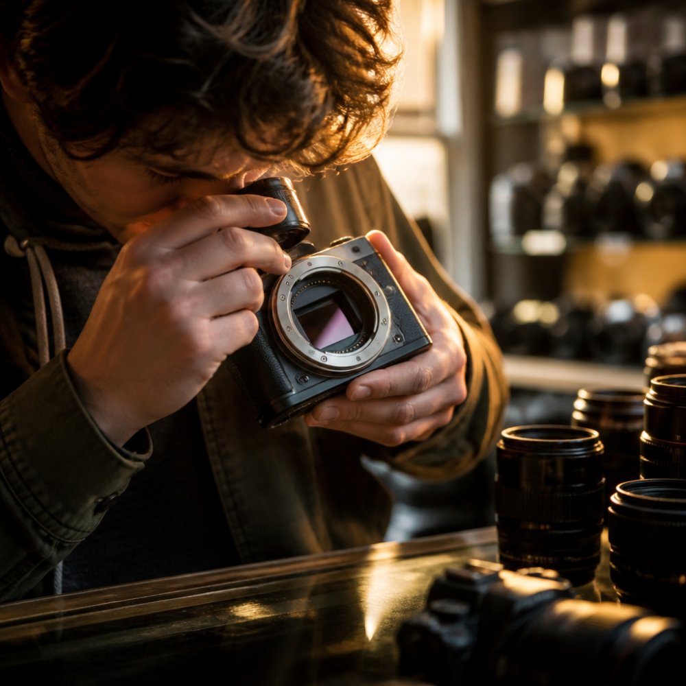 Close-up of a photography student inspecting a used mirrorless camera sensor with a loupe in a bright camera shop, lens removed and body tilted to the light