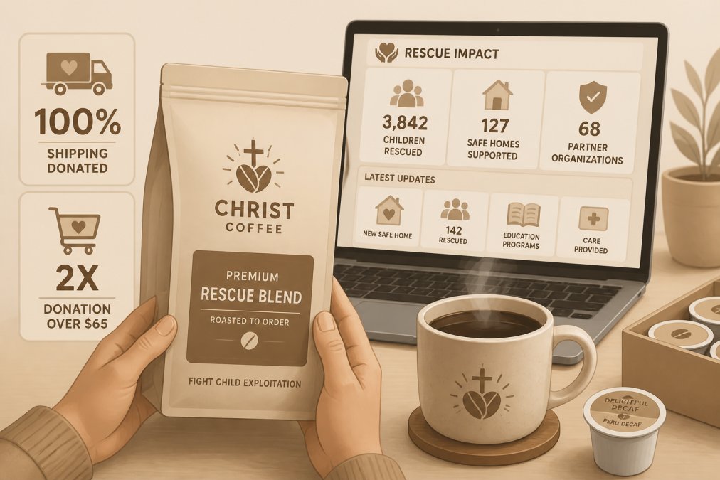 Close-up of hands holding a freshly roasted coffee bag with mission-driven branding visible on the label, a steaming cup of brewed coffee beside it, and a laptop screen in soft background light showing donation impact metrics and rescue organization updates