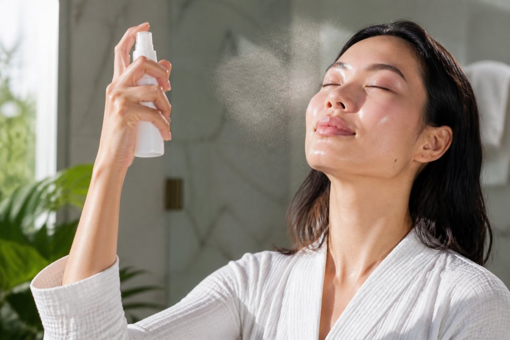 A close-up of a woman's hands holding a sleek facial mist bottle, with a fine mist spraying onto her face. She appears relaxed in a bright, natural-light bathroom setting. The focus is on the product and the refreshing action.