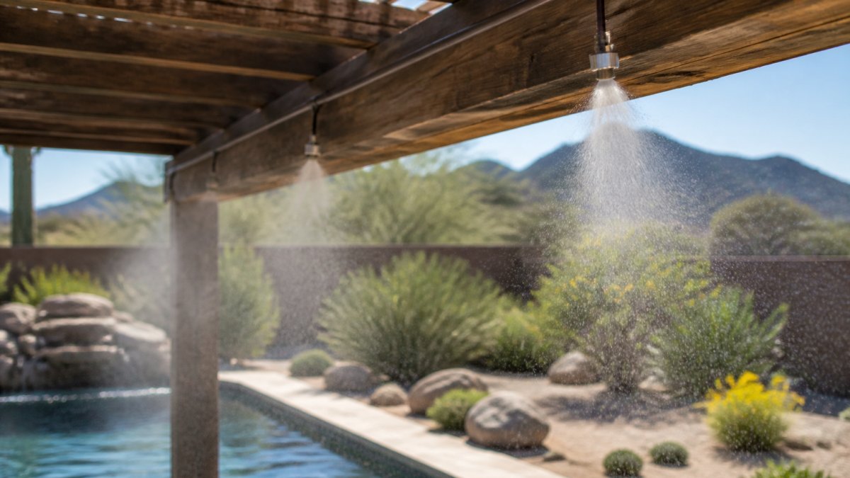 Close-up of a stainless steel misting nozzle mounted on a patio pergola beside a backyard swimming pool, fine mist spraying into the air, sunlight catching the water droplets, desert landscaping in the background