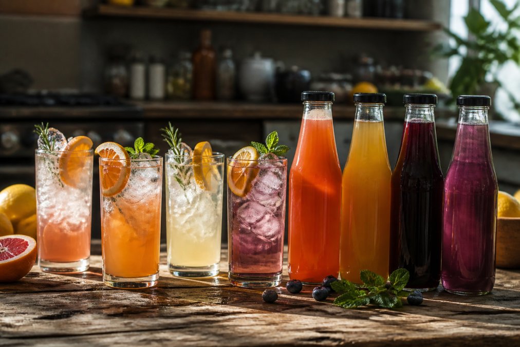 Four colorful Drink Balo shrub mixer bottles arranged on a worn wooden countertop beside tall glasses filled with sparkling mocktails, ice cubes, and fresh citrus and herb garnishes, photographed in warm natural afternoon light