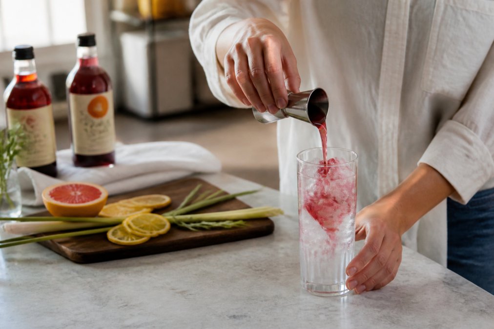 A pair of hands pouring a deep ruby shrub mixer from a small stainless steel jigger into a tall glass of sparkling water over ice, with a cutting board nearby holding sliced citrus zest and fresh sprigs of lemongrass, photographed on a light marble kitchen counter