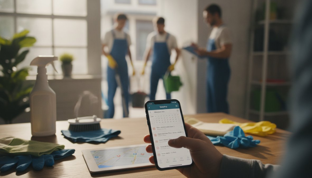 Cleaning crew member using mobile app on smartphone to clock in at residential job site with cleaning supplies visible