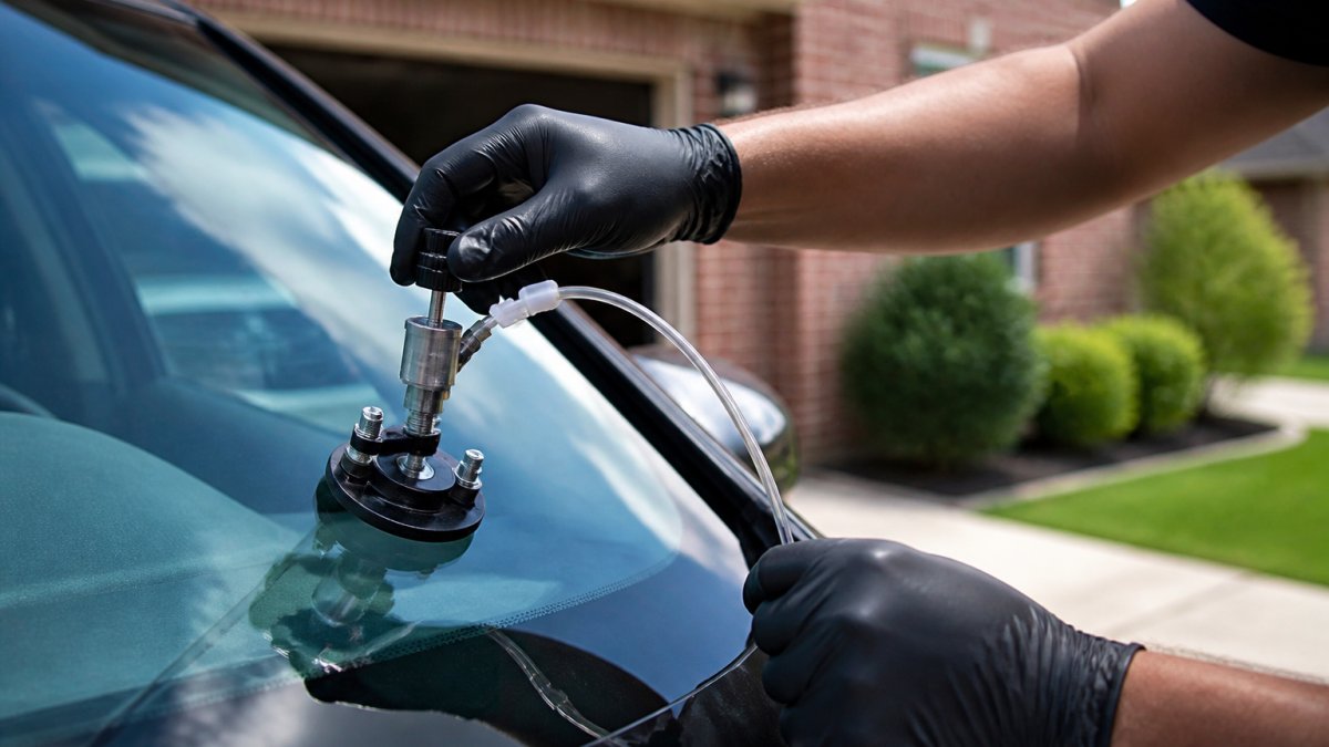 Professional technician in safety gear working on windshield chip repair at vehicle location with professional resin injection equipment visible, showing mobile service in action with natural outdoor lighting