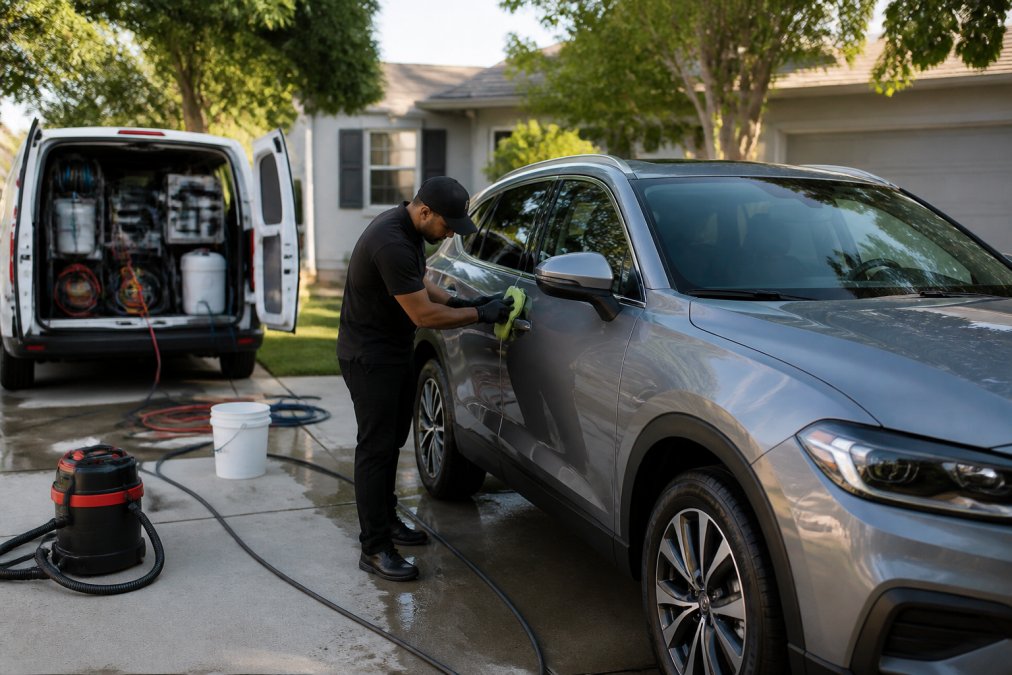 Mobile detailing van parked at residential driveway with professional equipment visible, detailer working on vehicle's exterior with water reclamation system in natural daylight