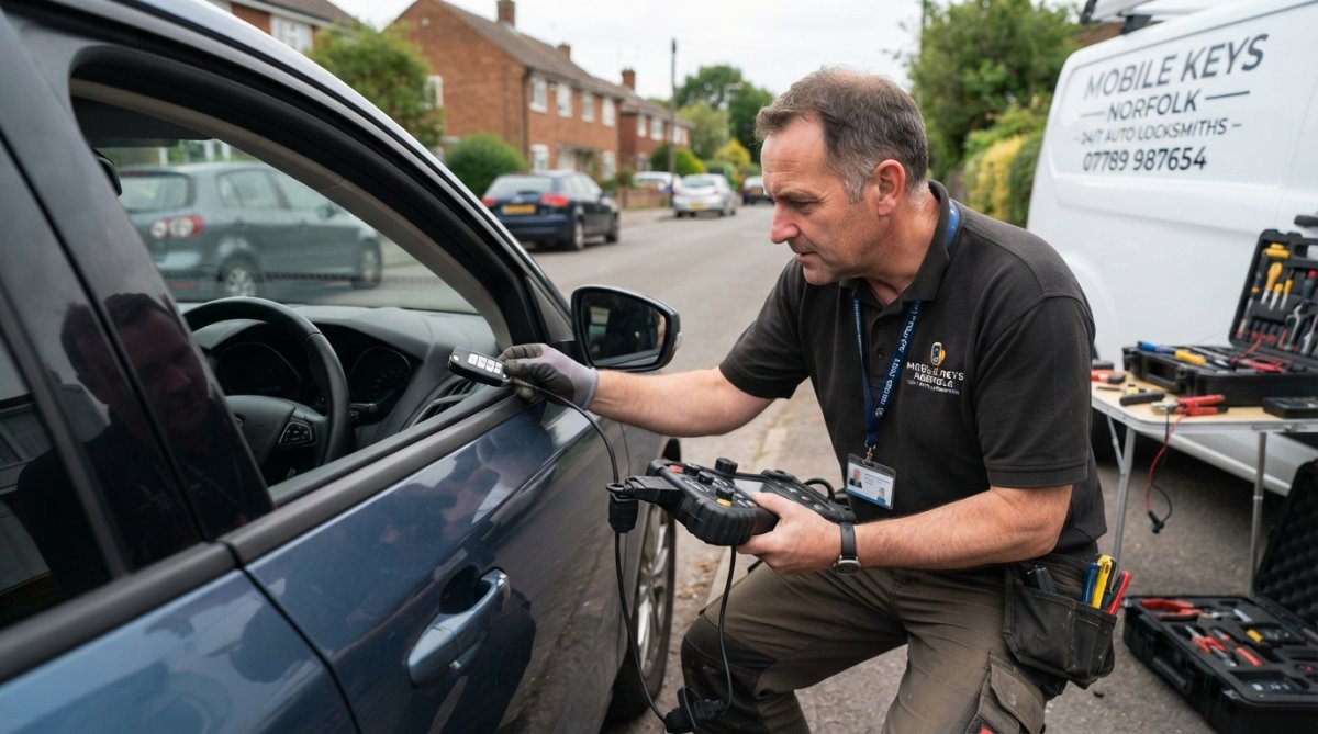 Professional mobile locksmith technician at car window with diagnostic equipment, programming a replacement key on-site in daylight