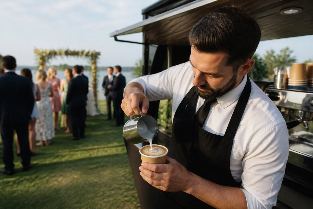 Professional barista crafting latte art for wedding guests at an outdoor ceremony, with the mobile coffee cart visible in the background and natural light illuminating the scene
