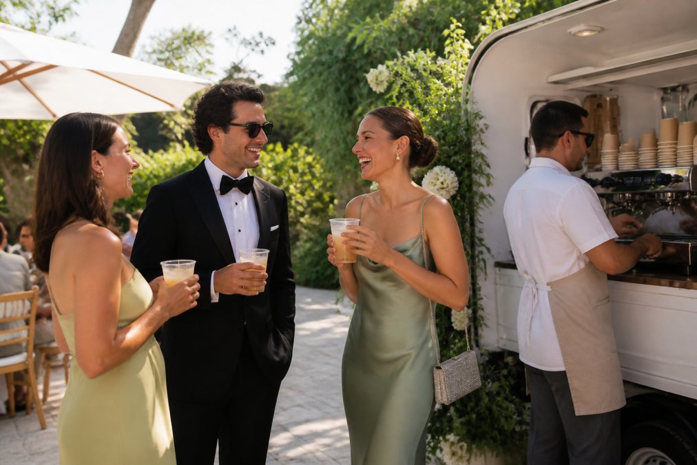Elegantly dressed wedding guests holding specialty coffee drinks and enjoying conversation near a branded mobile coffee cart in a garden setting with soft natural lighting