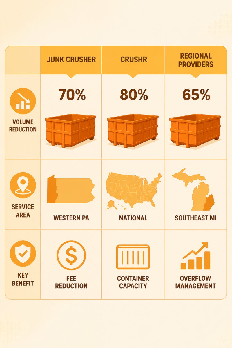 Comparison matrix of Junk Crusher vs Crushr vs regional providers: volume reduction 70% vs 80% vs 65%, service area Western PA vs national vs Southeast MI, key benefit fee reduction vs container capacity vs overflow management
