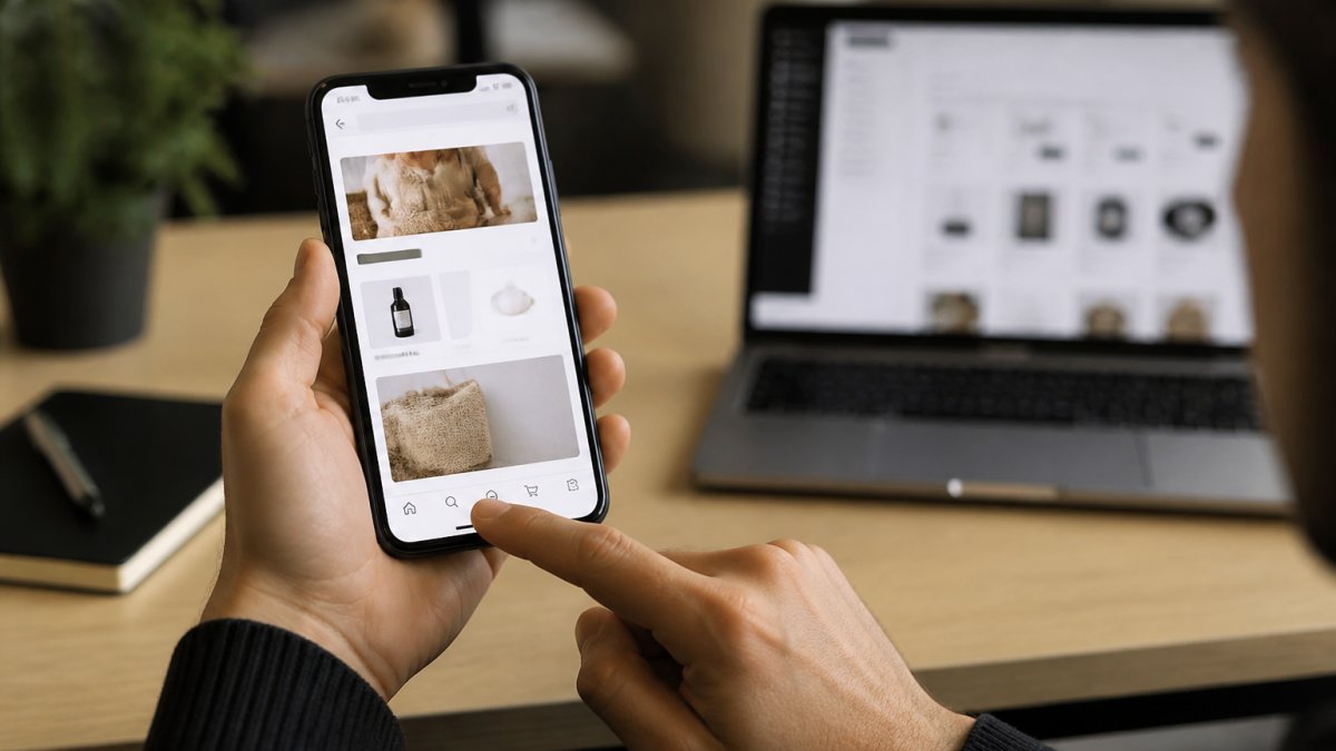 A person holding a smartphone in one hand, thumb reaching across the screen to tap a bottom navigation bar, with a blurred laptop showing an ecommerce dashboard in the background on a desk