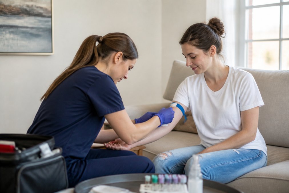 Compassionate phlebotomist performing a gentle home blood draw to highlight mobile phlebotomy service features.