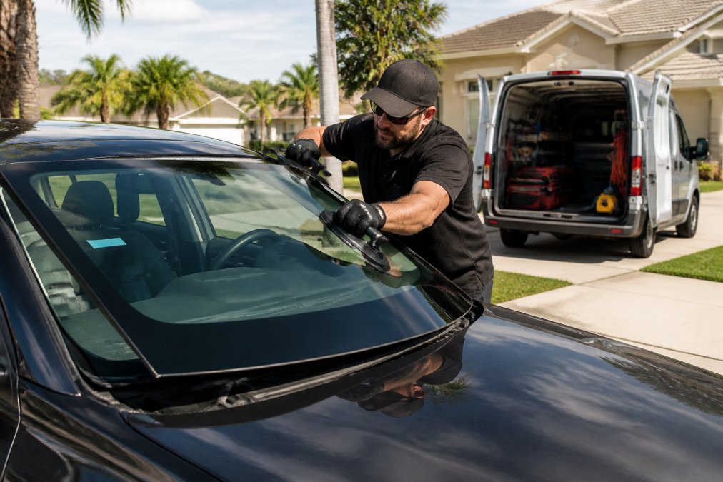 Professional auto glass technician in uniform replacing a vehicle windshield at a residential driveway with mobile service van visible in the background