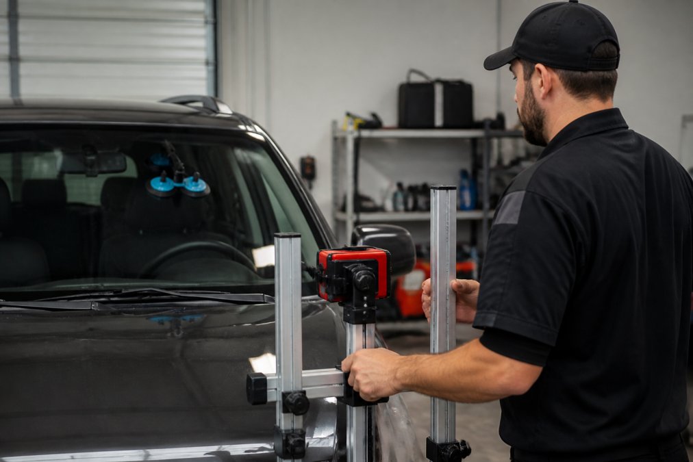 Close-up of a technician using diagnostic calibration equipment to recalibrate an ADAS camera mounted on a vehicle windshield