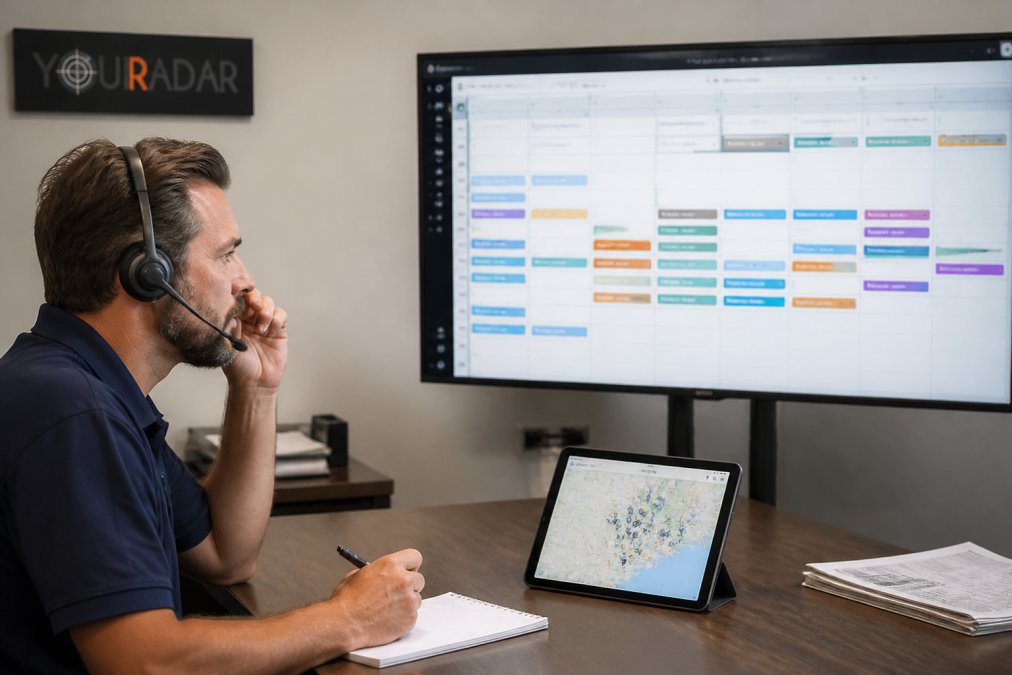 Dispatcher using mobile workforce apps to track crew locations and manage digital dispatch tasks on monitors.