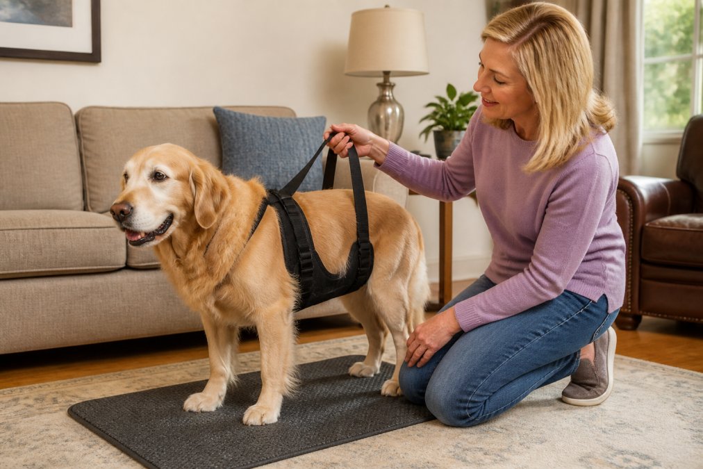 Owner using a supportive lift harness as one of the top mobility aids to help a senior golden retriever stand.