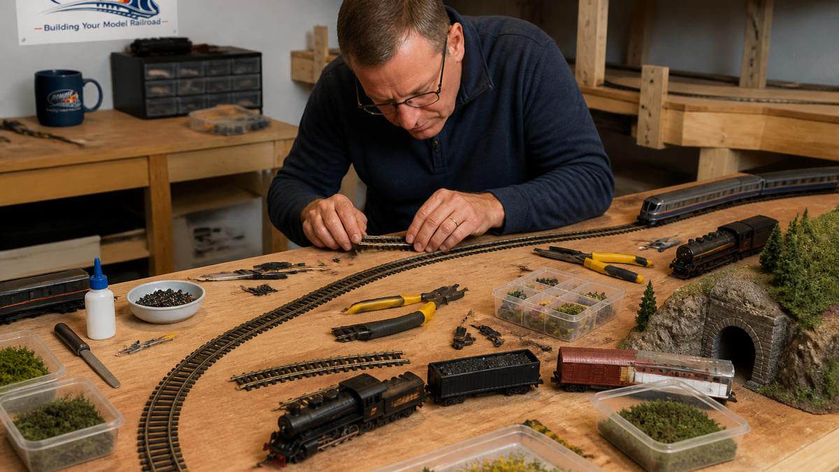 Hobbyist assembling one of the best model train kits for adults on a workbench with tracks and tools.