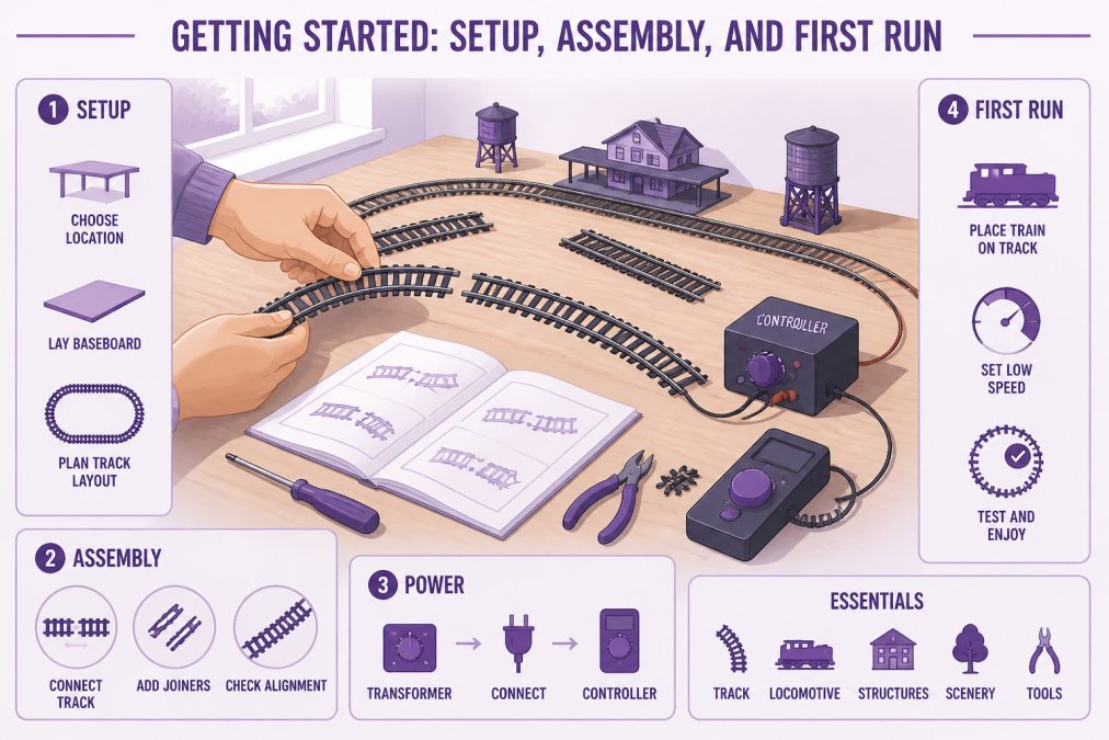 Hands carefully assembling model train track sections on a wooden layout table with instruction manual, transformer, and controller visible in natural daylight