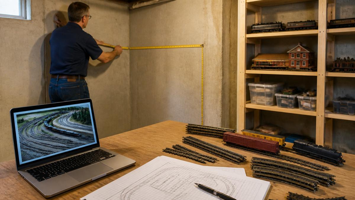 A hobbyist measuring a basement corner with a tape measure while a laptop on a workbench shows a model railroad track plan, with loose track pieces and a notebook nearby