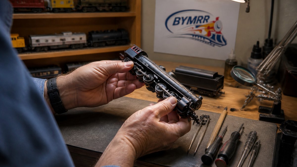 Collector inspecting the wheels of a used model locomotive bought from model train stores on a workbench