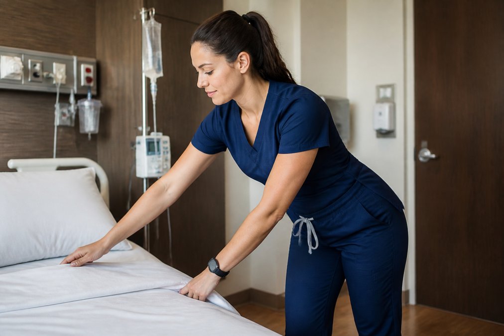 Healthcare professional wearing well-fitted modern scrubs with visible princess seams and tapered legs while reaching across a hospital bed, demonstrating how structured design creates a flattering silhouette during active clinical work