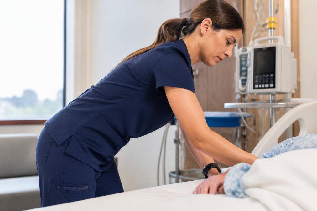Nurse in modern fit scrubs with visible functional pockets and utility loops leaning over a patient bed, demonstrating how stretch fabric and ergonomic design allow unrestricted movement during clinical tasks