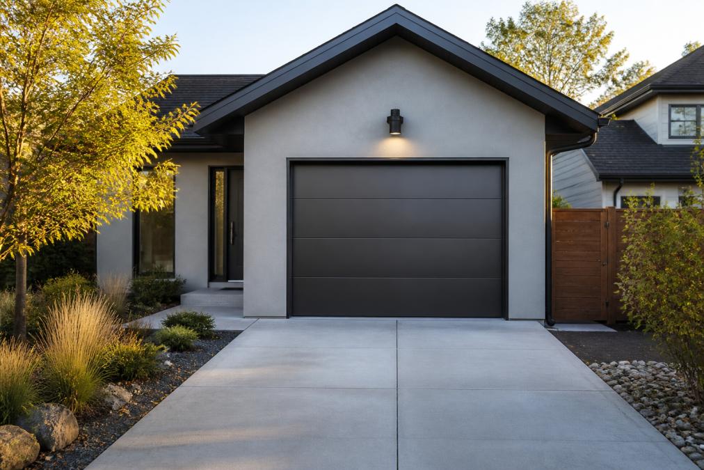 Charcoal gray flush panel modern garage doors on a small suburban home with a clean concrete driveway