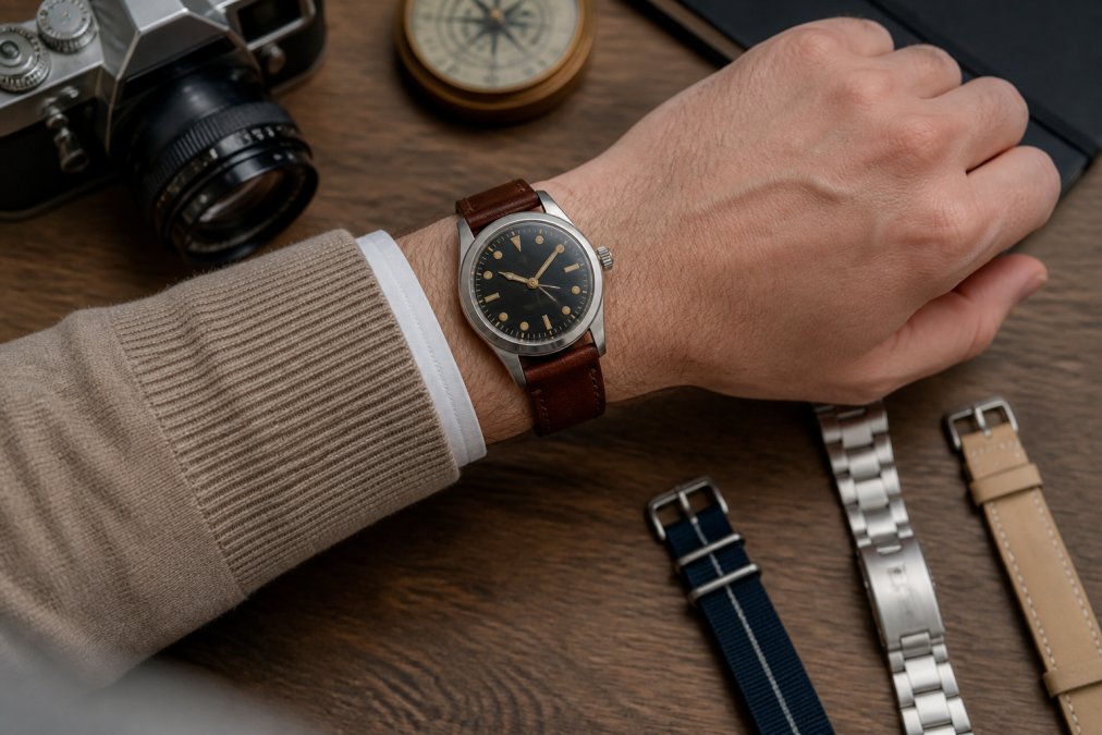 Wrist shot of modern heritage watch on different leather and metal strap options, showing versatility from casual weekend wear to refined professional styling with visible case detail and dial finishing
