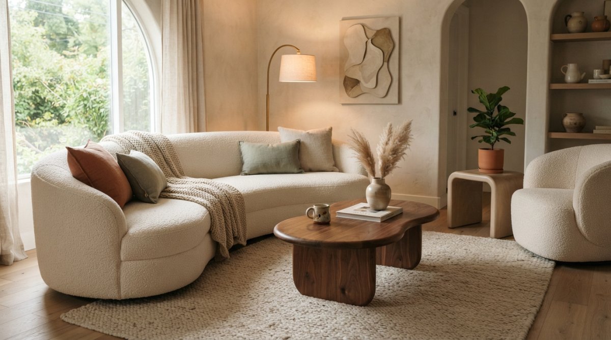 Modern living room featuring a curved cream sofa with rounded arms, circular marble coffee table, and soft ambient lighting from sculptural pendant fixtures creating an inviting, organic space