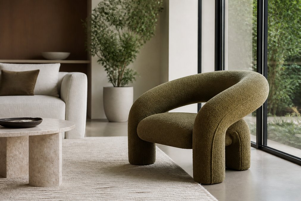 Contemporary living room featuring a sculptural accent chair with bold curved lines positioned near a floor-to-ceiling window, with minimalist decor and soft natural lighting highlighting the chair's form