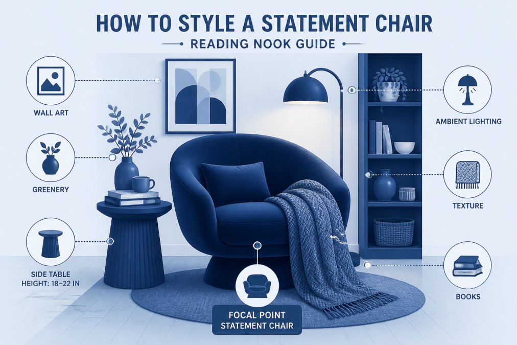 Styled reading nook with a statement chair as the focal point, paired with complementary textural elements like a woven throw blanket, side table with books, and warm ambient lighting creating visual harmony