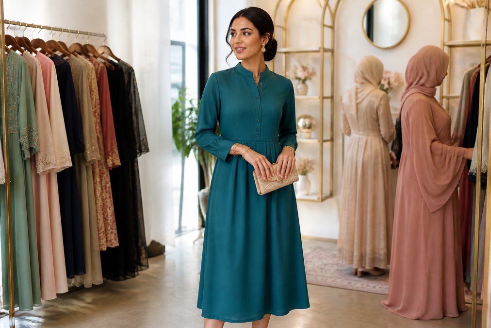 A woman wearing an elegant teal A-line midi dress with a mandarin collar, standing in a bright modern boutique with soft natural light, gold jewelry accents visible